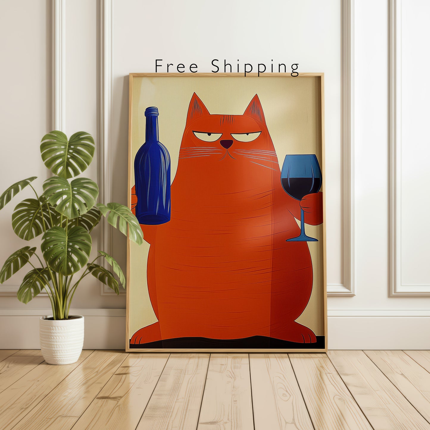 Cat with Wine Wall Art Print: Retro Bar Cart, Mid Century Modern Decor