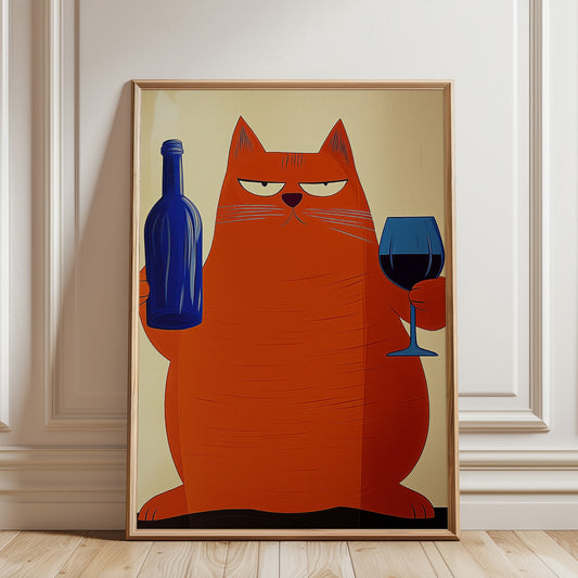 Cat with Wine Wall Art Print: Retro Bar Cart, Mid Century Modern Decor