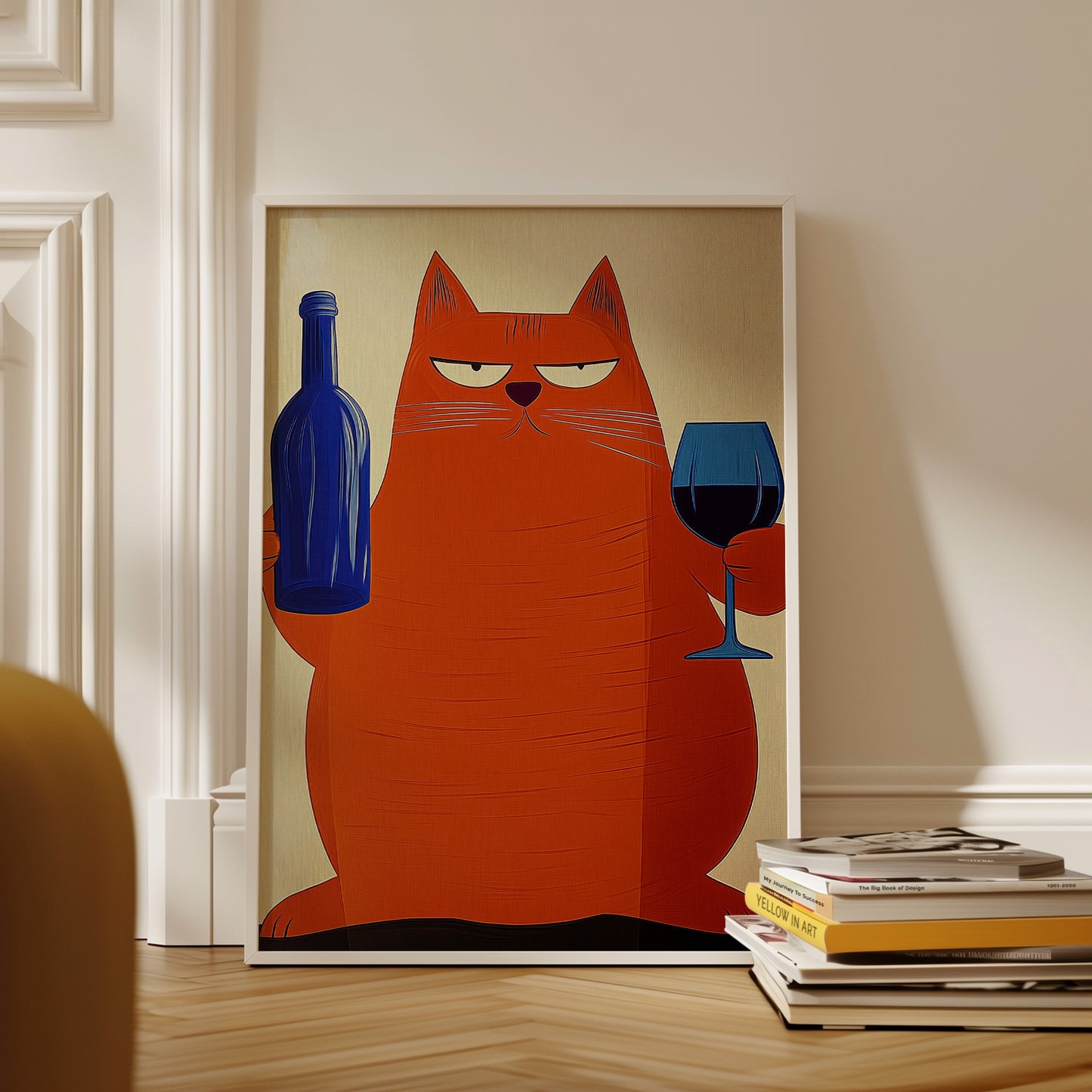 Cat with Wine Wall Art Print: Retro Bar Cart, Mid Century Modern Decor