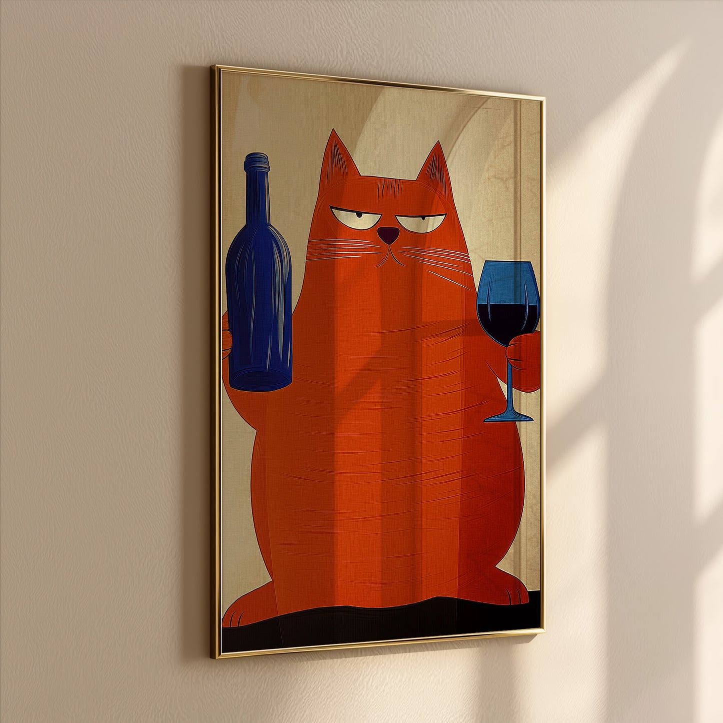 Cat with Wine Wall Art Print: Retro Bar Cart, Mid Century Modern Decor