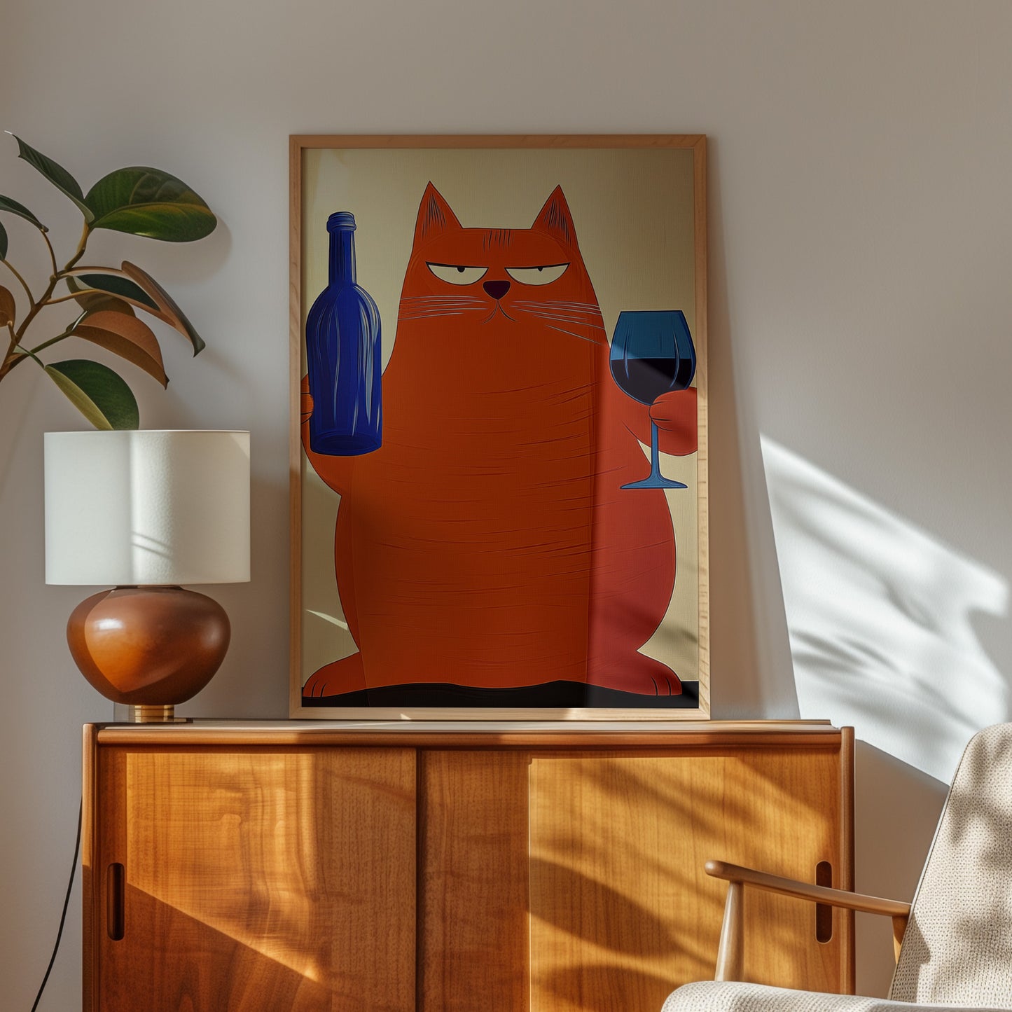 Cat with Wine Wall Art Print: Retro Bar Cart, Mid Century Modern Decor