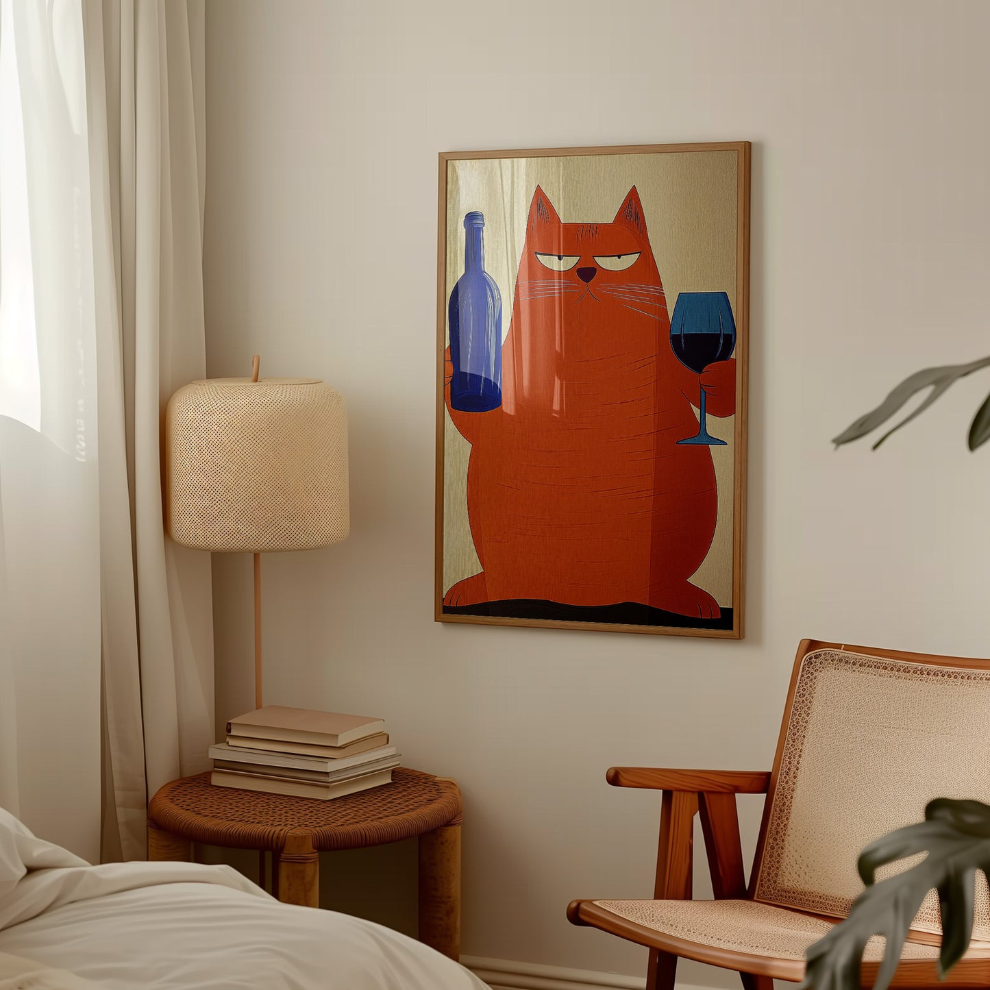 Cat with Wine Wall Art Print: Retro Bar Cart, Mid Century Modern Decor