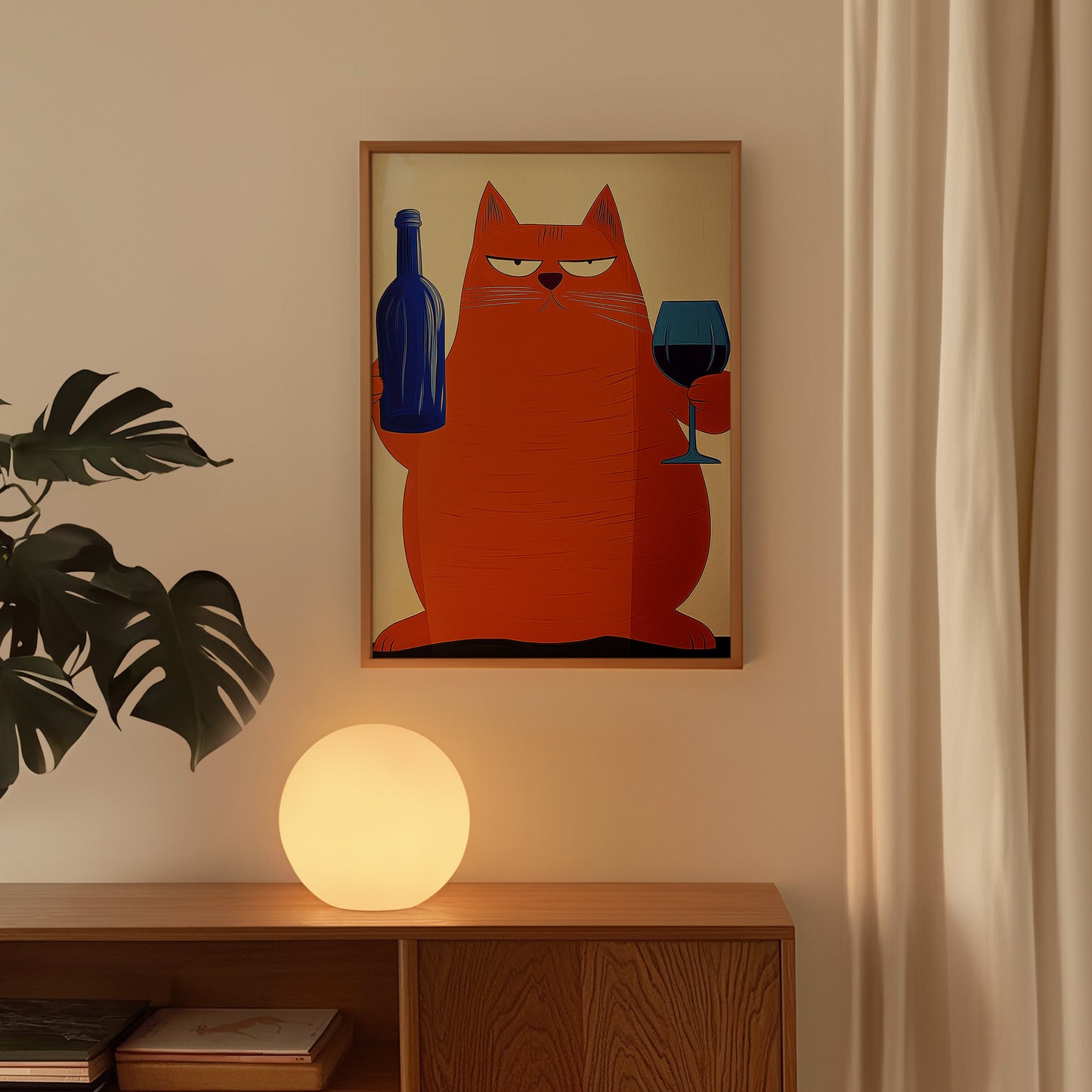 Cat with Wine Wall Art Print: Retro Bar Cart, Mid Century Modern Decor