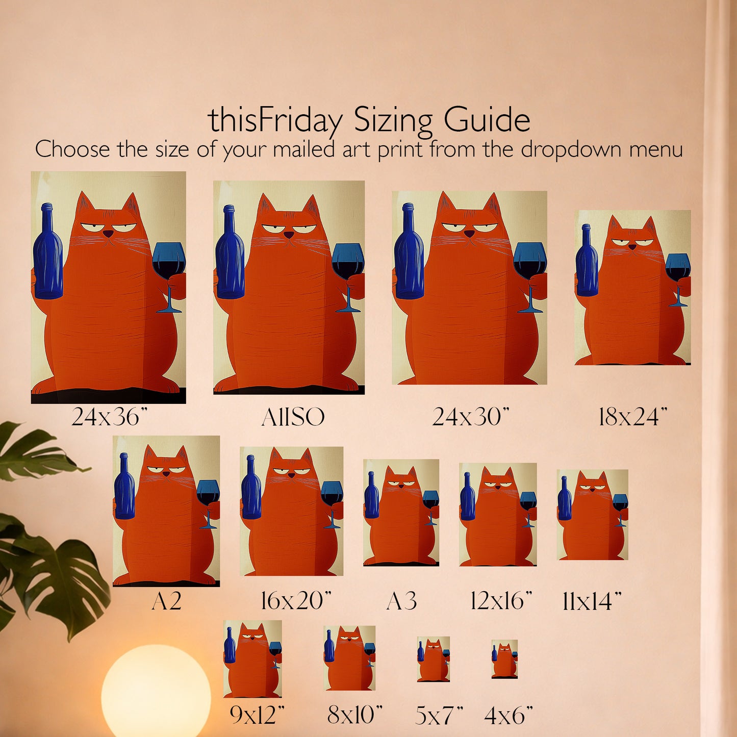 Cat with Wine Wall Art Print: Retro Bar Cart, Mid Century Modern Decor